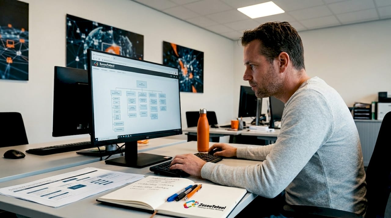 Een SEO-specialist analyseert de websitestructuur op zijn computerscherm.
