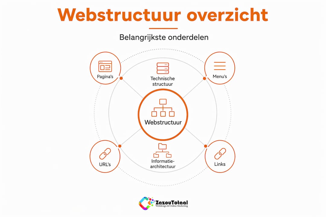 Deze infographic geeft de belangrijkste onderdelen van de webstructuur overzichtelijk weer in een hiërarchisch schema.