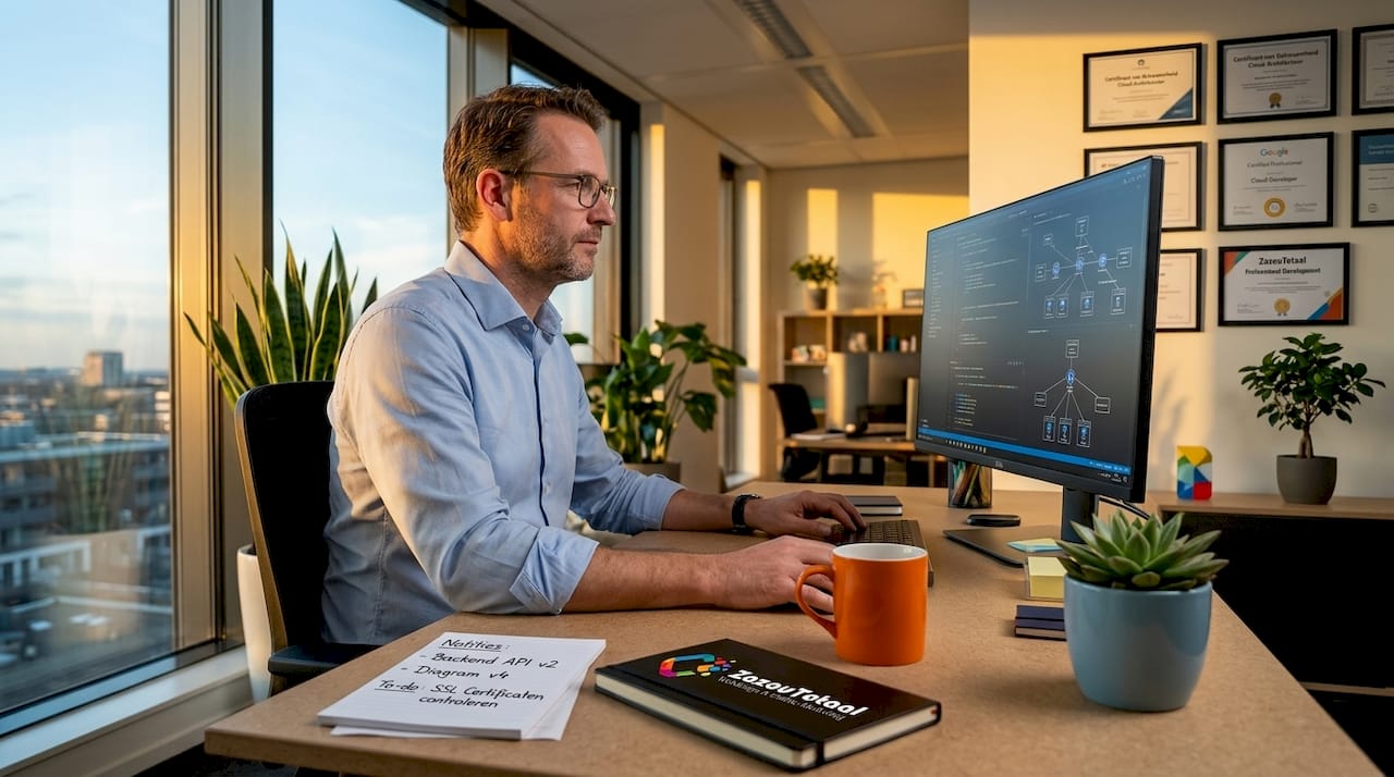 Een IT-expert controleert de computer op beveiligingsrisico’s.