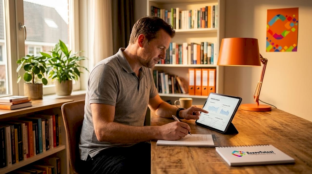Man bekijkt thuis de statistieken van zijn website