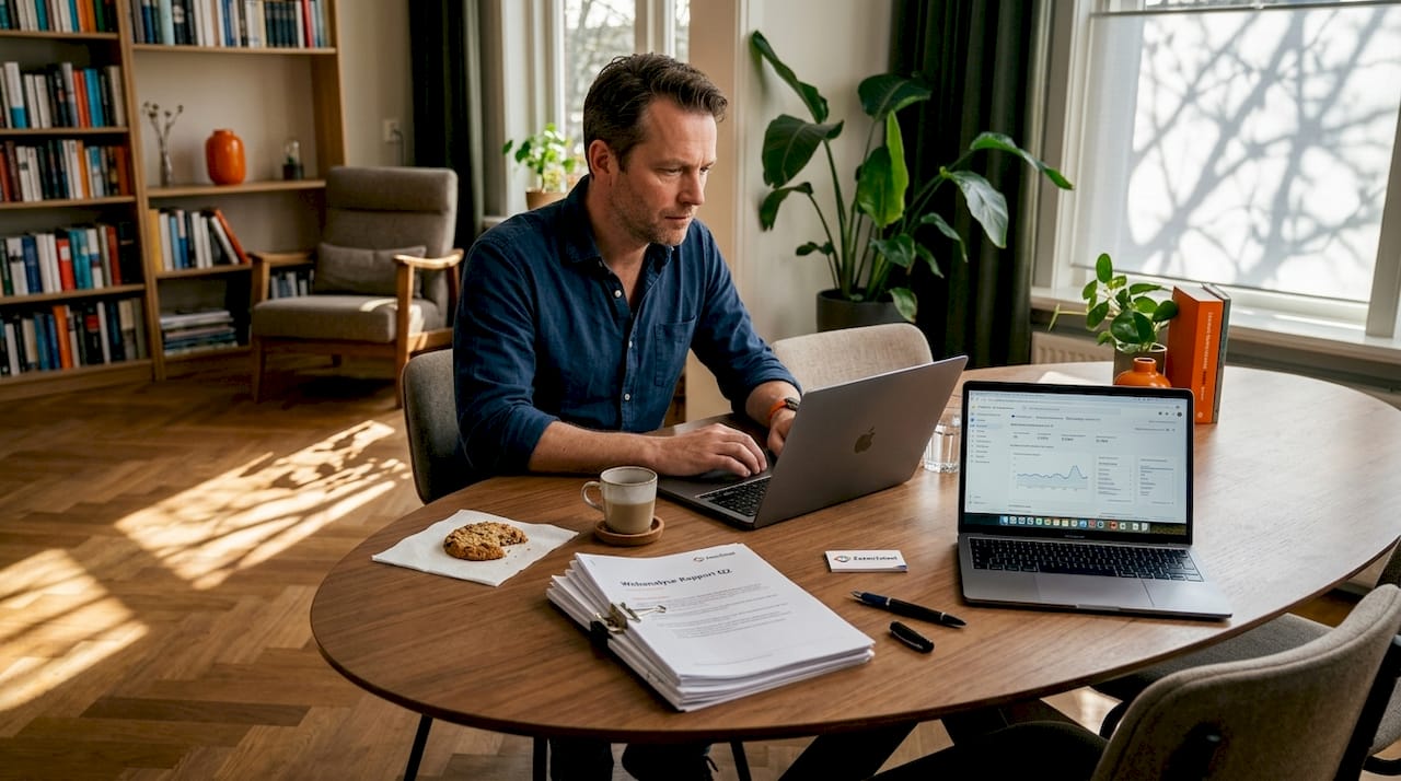 Man is bezig met het opstellen van een Google Analytics-rapport.