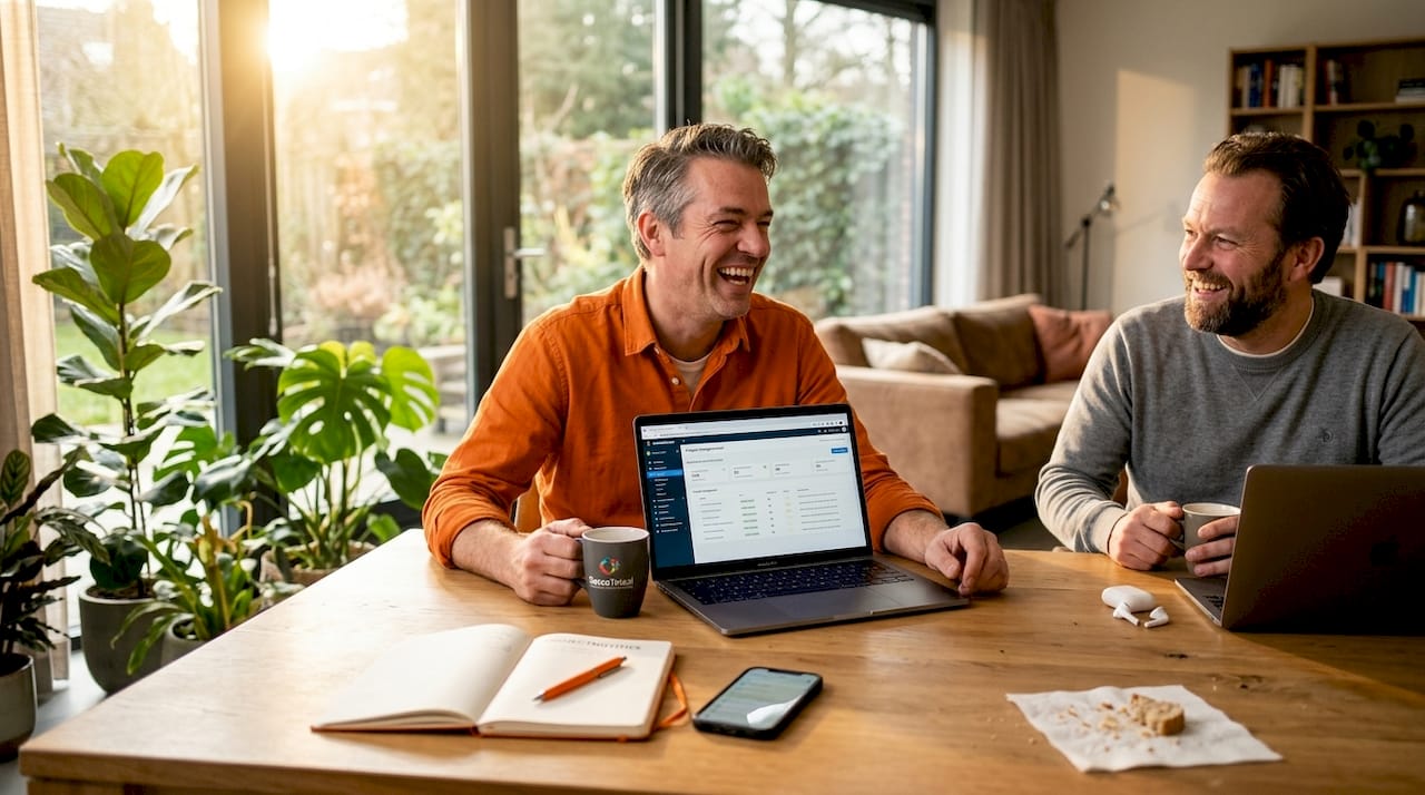 Twee collega’s zitten samen aan de keukentafel te werken.