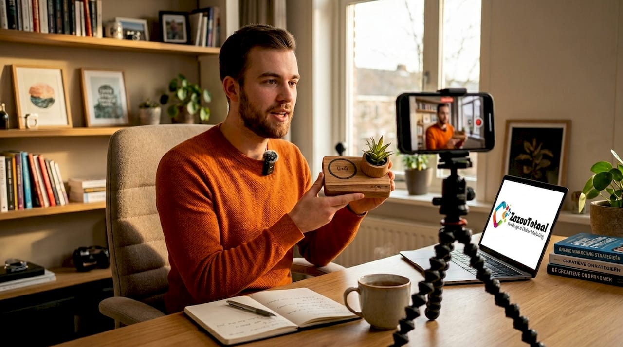 Content creatie tips die écht werken voor ondernemers 1 Een ondernemer neemt thuis een productvideo op.
