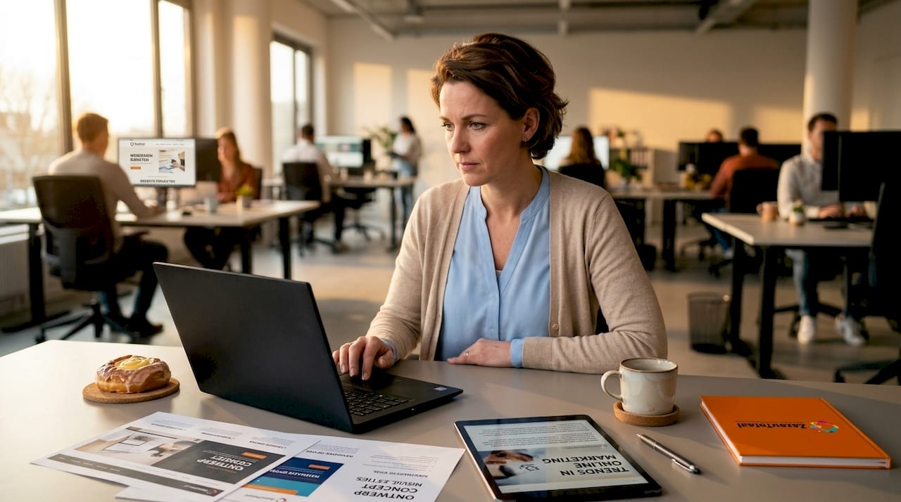 Waarom online positionering je bedrijf laat groeien 1 Zakenvrouw onderzoekt de prestaties van haar website op haar laptop.