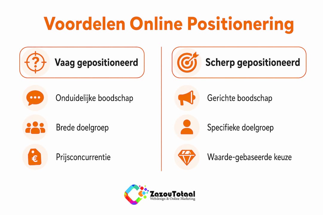 Waarom online positionering je bedrijf laat groeien 2 Infographic: de pluspunten van een scherpe versus een brede positionering naast elkaar