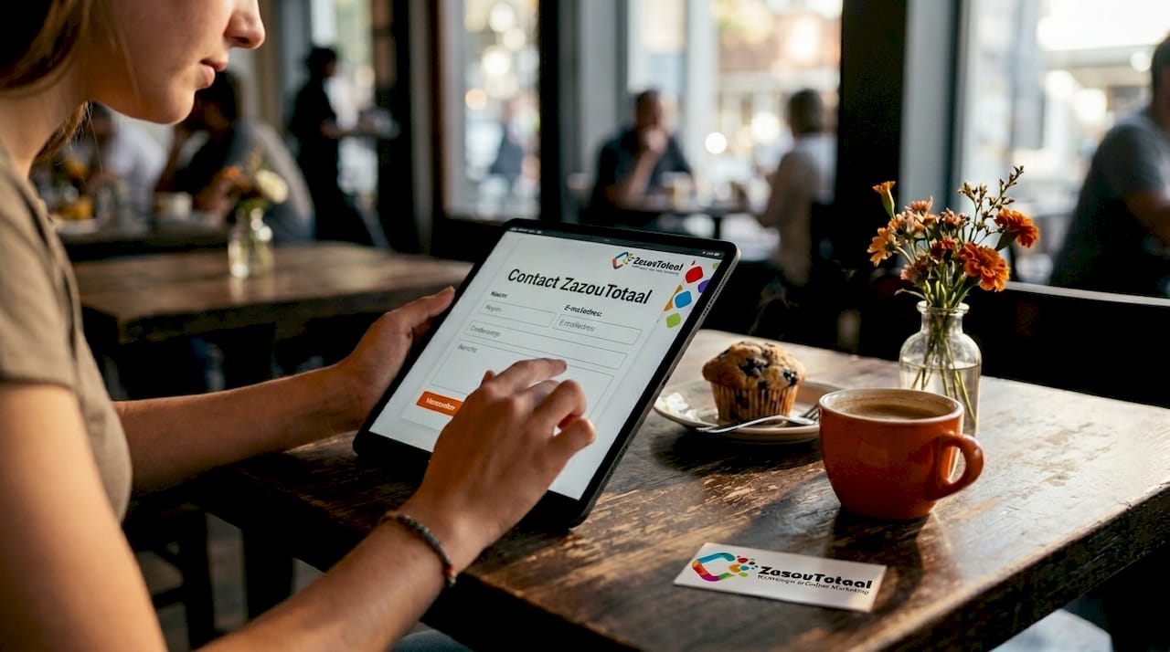 Waarom een contactformulier onmisbaar is voor je website 1 Een vrouw zit in een café terwijl ze op haar tablet een contactformulier invult.