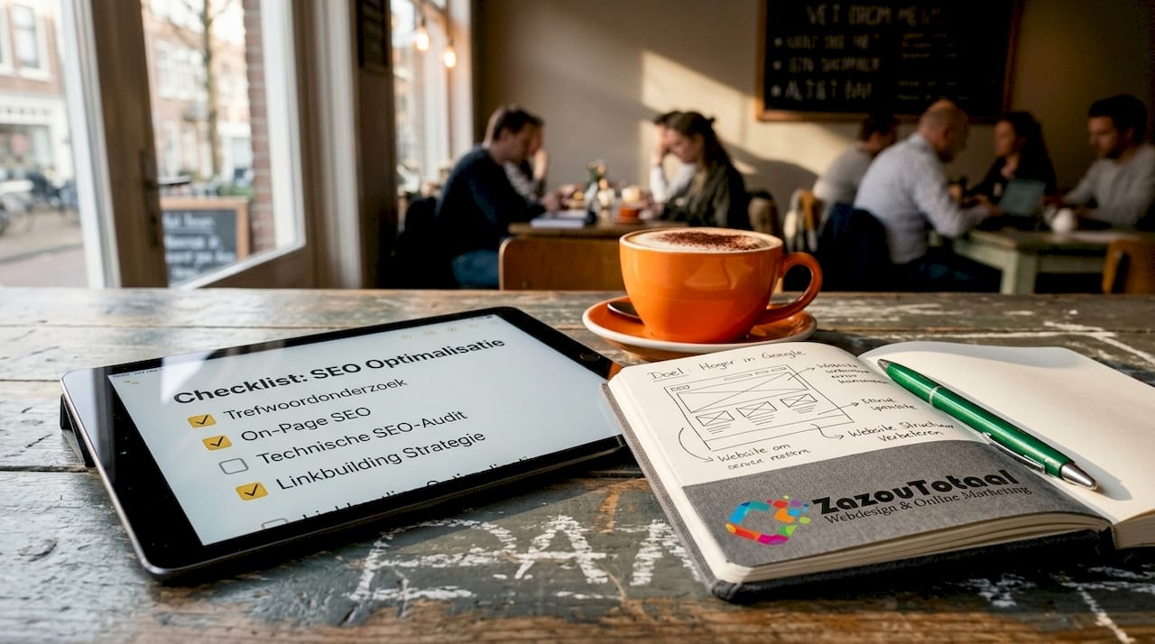 Tablet met SEO-checklist op een gezellig werkplekje in een café