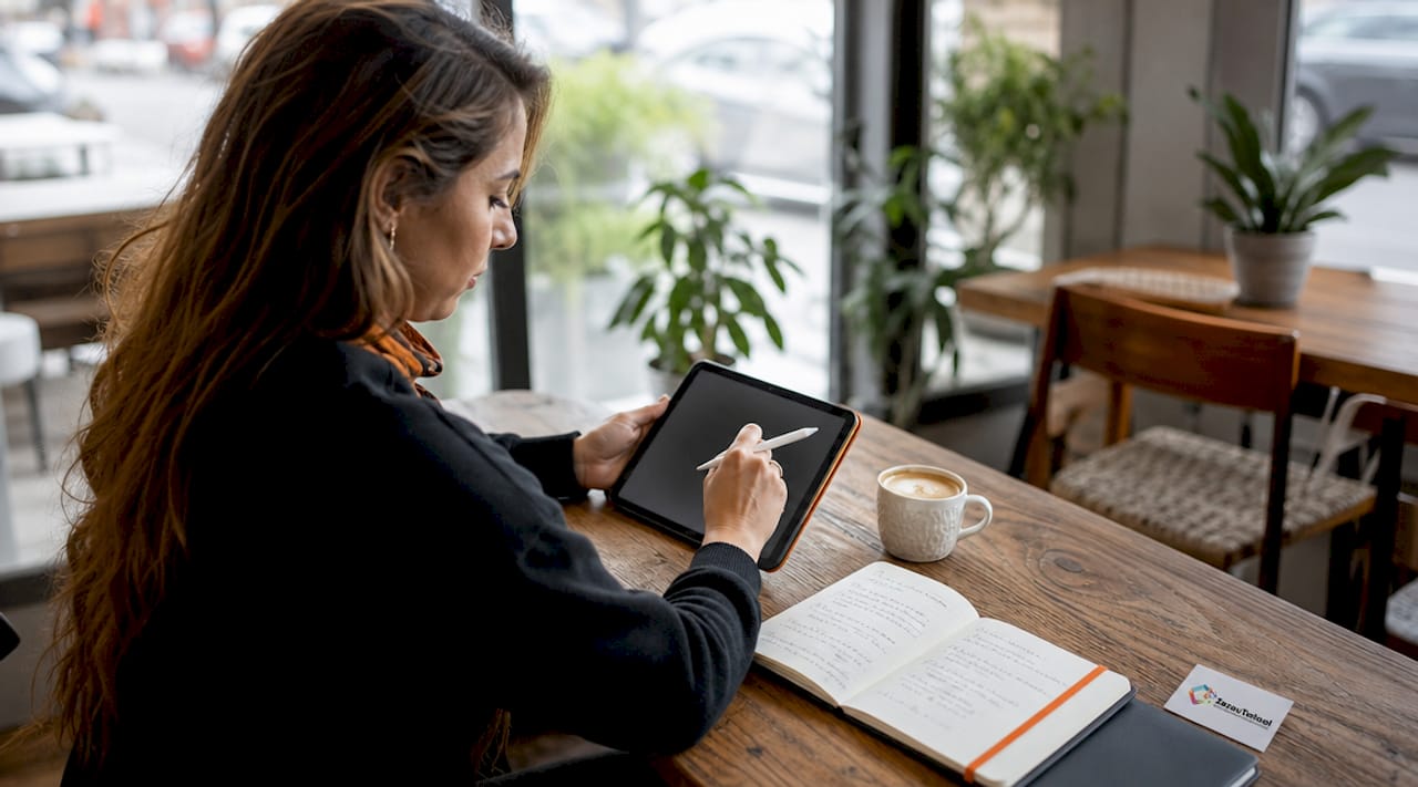 Detailopname van handen die een lokale recensie schrijven op een tablet