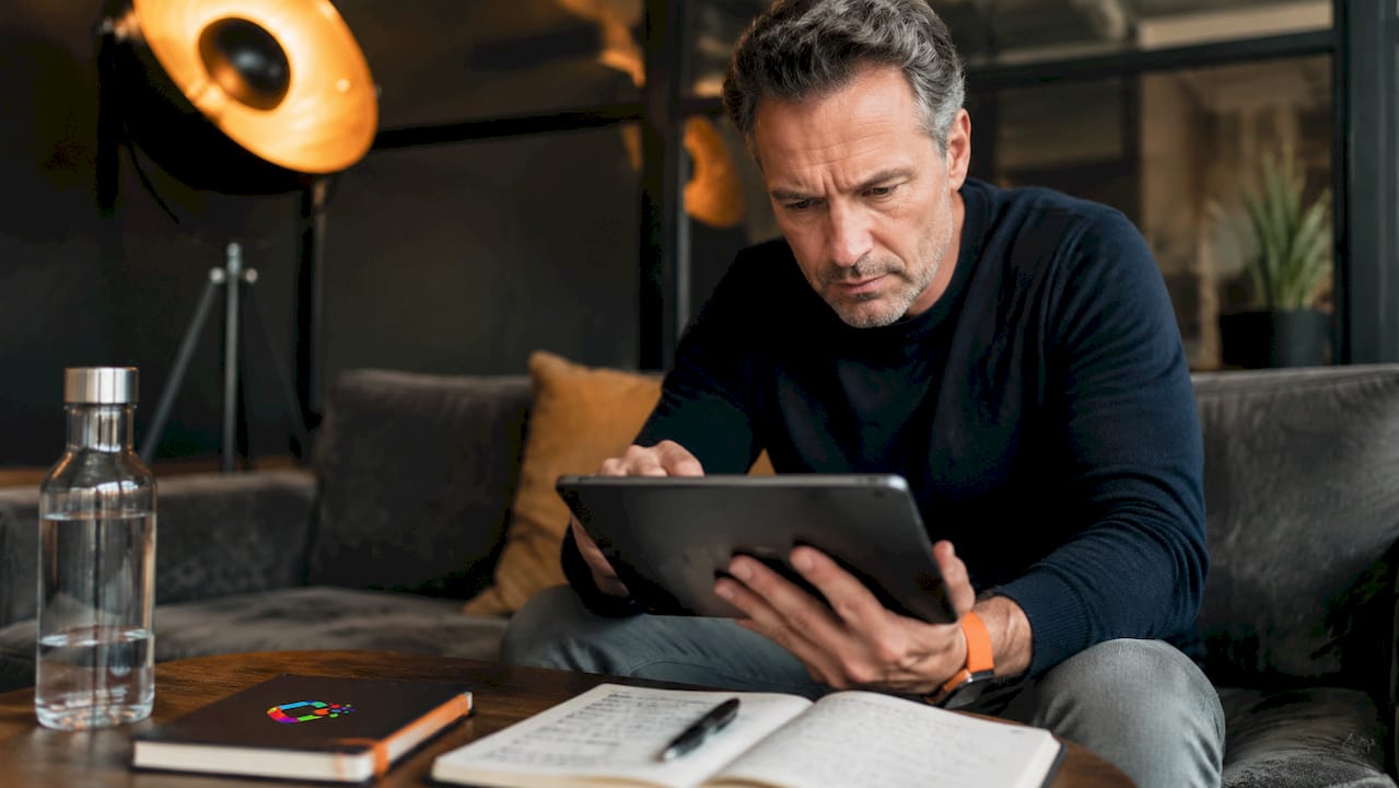 Een marketeer werkt op kantoor met een CRM-systeem op zijn tablet.