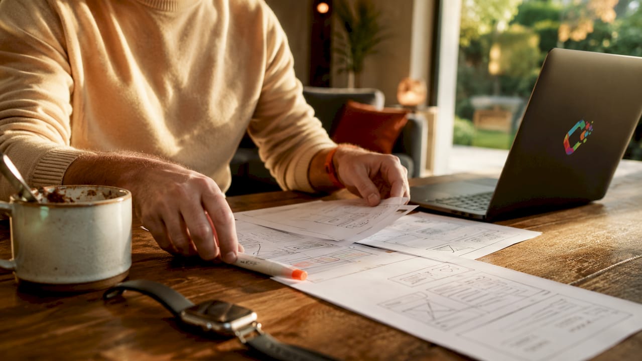 Met de handen worden schetsen van een homepage wireframe zorgvuldig op tafel gelegd en geordend.