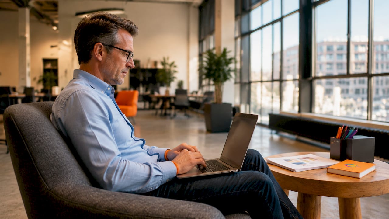 Een man bladert door zijn portfolio op zijn laptop terwijl hij op kantoor zit.