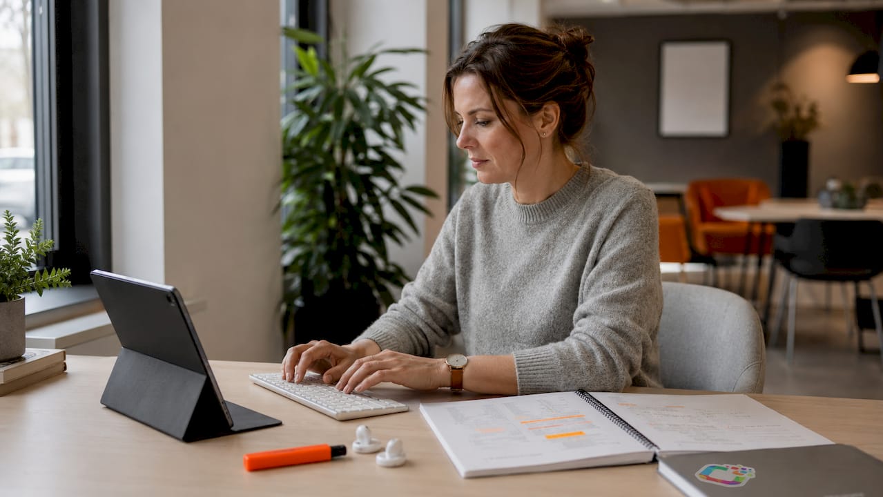Detailopname van handen op het toetsenbord tijdens het opstellen van een auditrapport