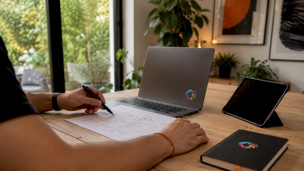 Detailopname van handen die werken aan technische onderdelen van een website