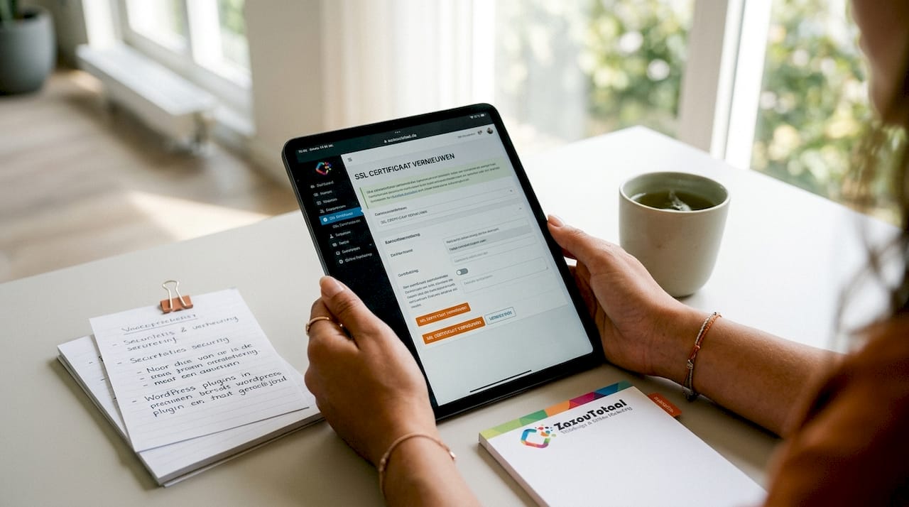 Een paar handen zijn bezig met het verlengen van een SSL-certificaat op hun smartphone.