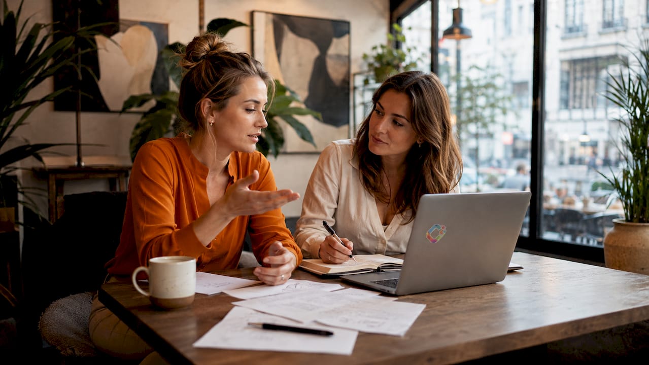Twee ondernemers zitten samen aan tafel en sparren over online strategieën.