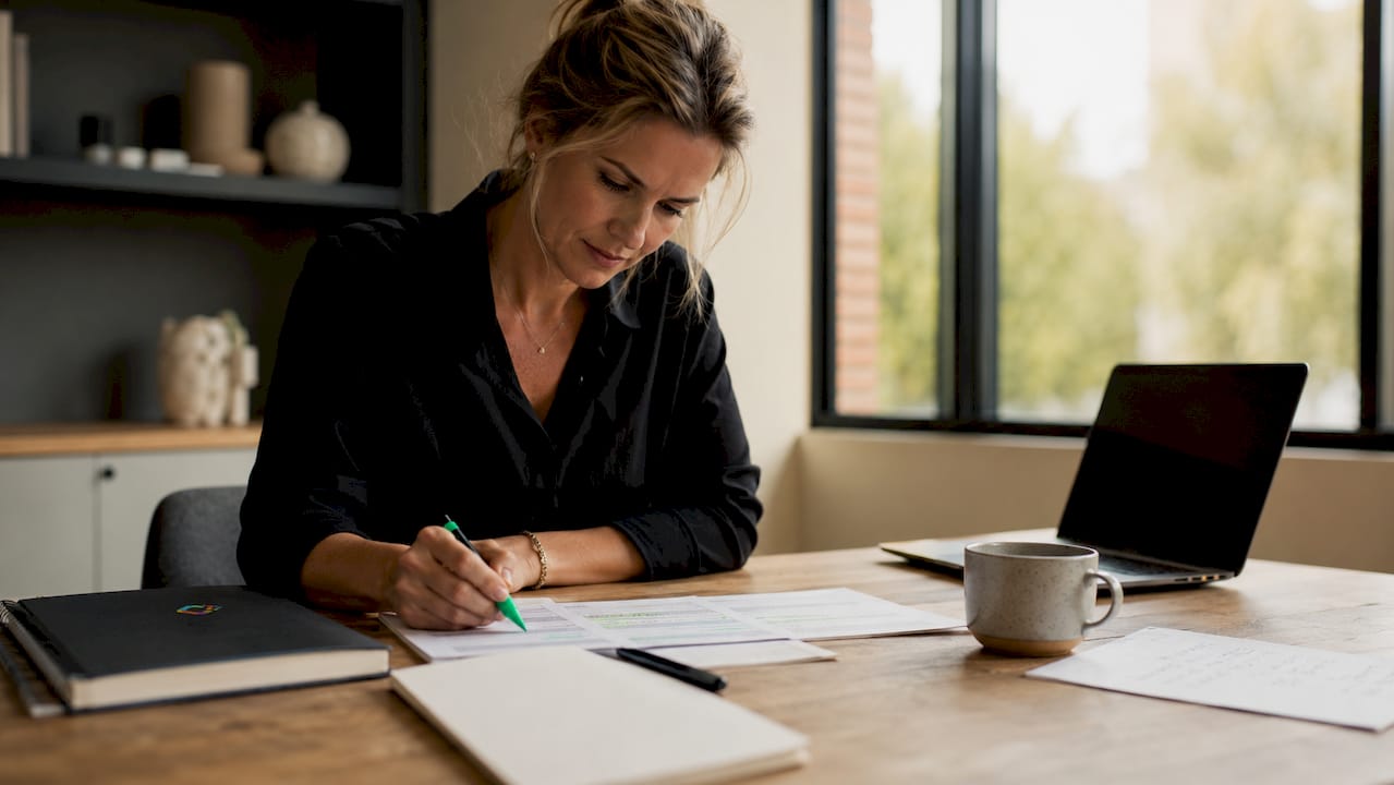 Een marketeer die conceptteksten voor de website kritisch doorneemt