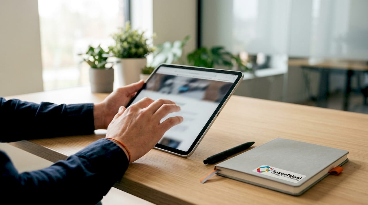 Twee handen bladeren op een smartphone door een onepager