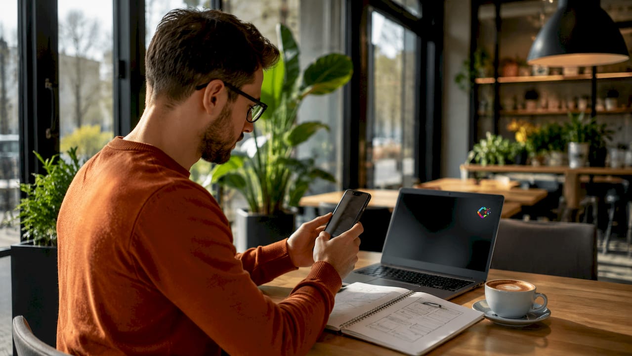 Een paar handen bedient een smartphone waarop een navigatie-app met verschillende schermen te zien is.