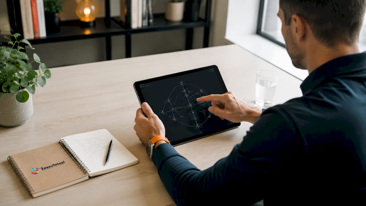 Iemand zit achter zijn laptop te typen, terwijl er aantekeningen over SEO naast het toetsenbord liggen.
