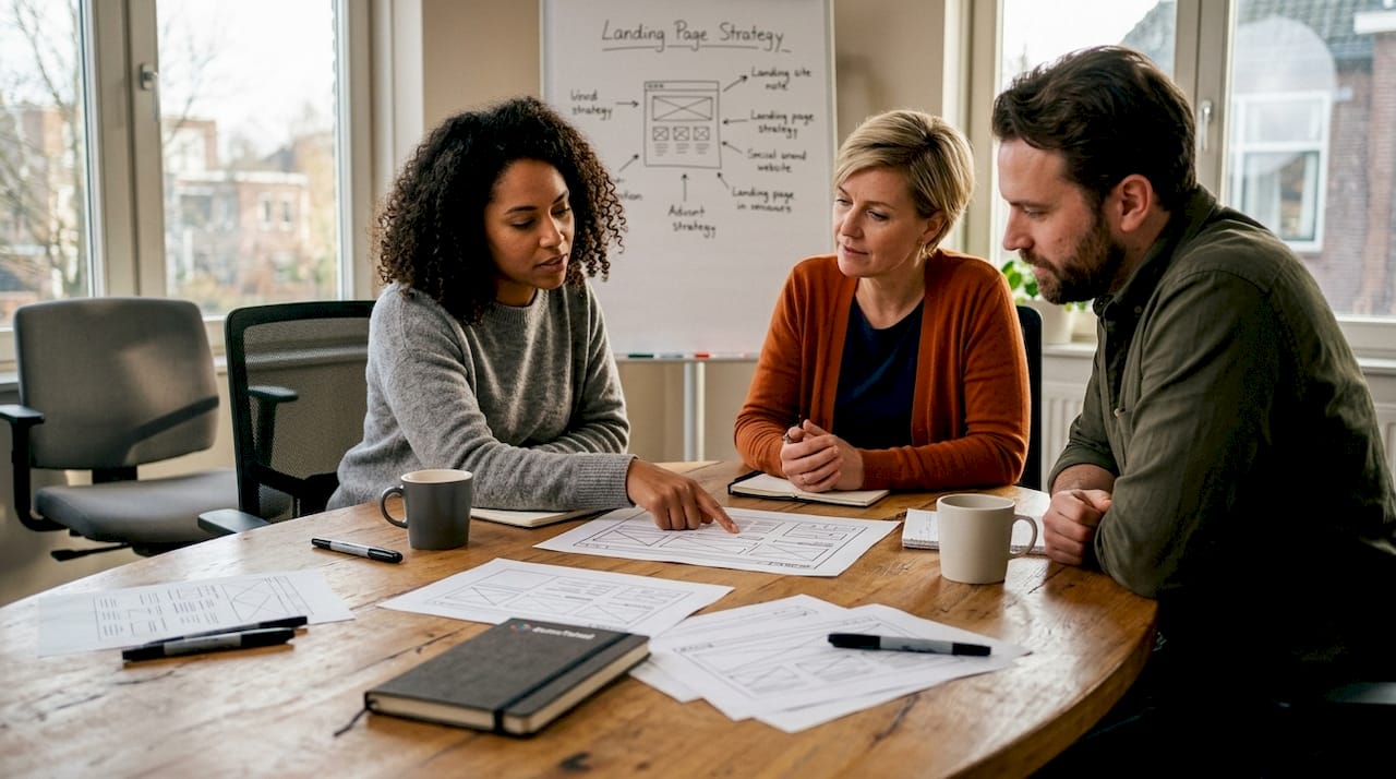 Het team overlegt over de strategie voor de nieuwe landingspagina.