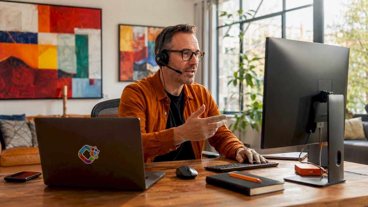 Man voert een gebruikerstest uit voor een website aan zijn bureau thuis.