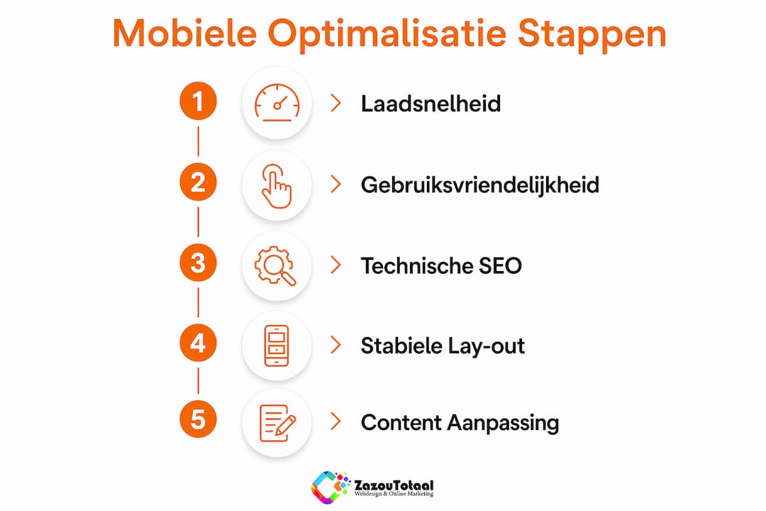 Overzichtelijke infographic met de essentiële stappen voor het optimaliseren van je mobiele website.