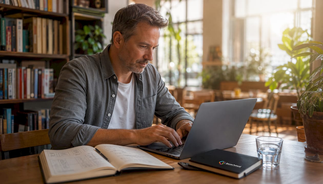 Man werkt op zijn laptop aan de titel voor de dienstenpagina