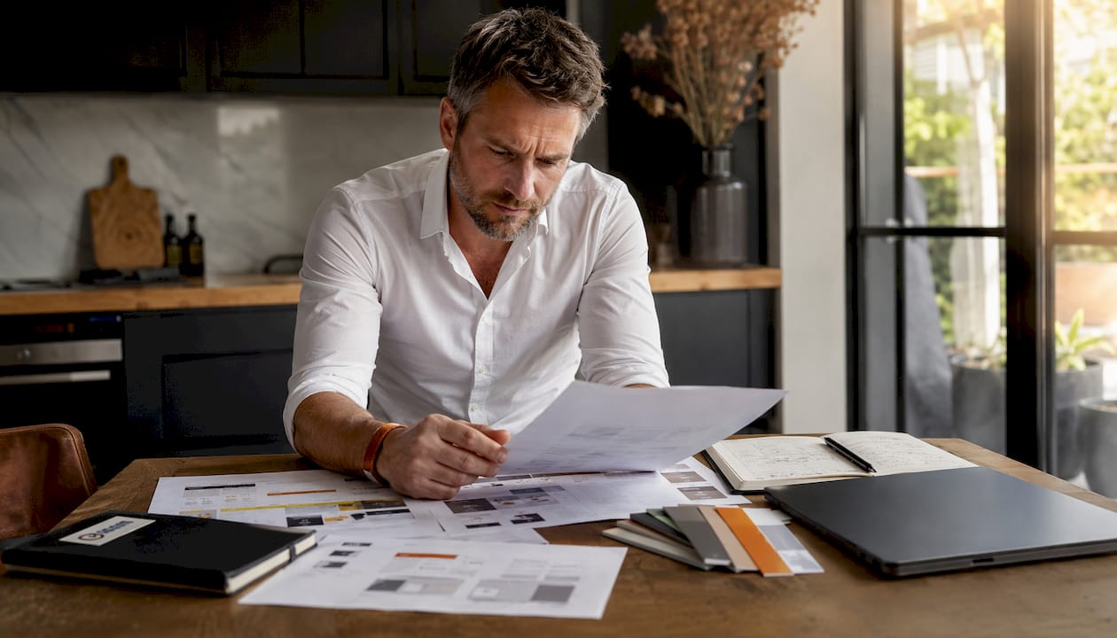 Van bovenaf gefotografeerd: een man die proefversies van webpagina’s op papier zorgvuldig doorneemt.
