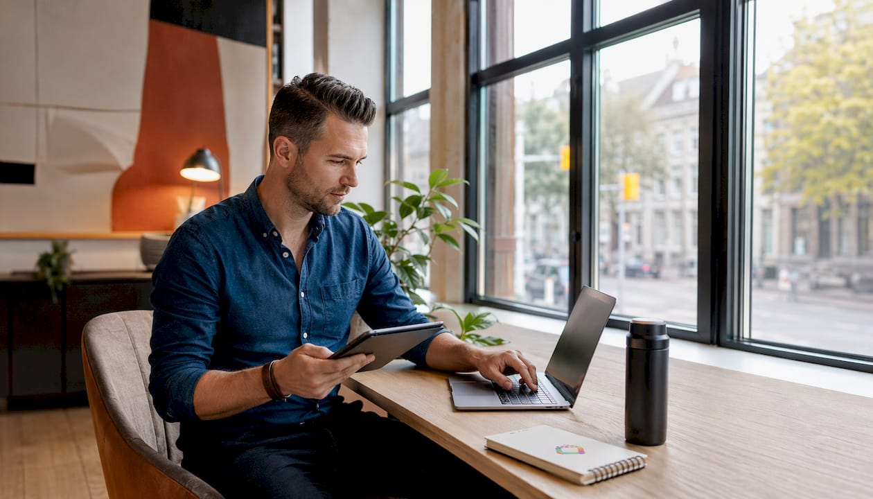 Een marketeer zit aan een bureau in een gedeelde werkruimte en groepeert zoekwoorden op zijn laptop.