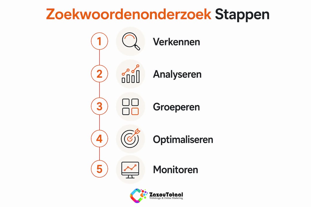 Infographic met de vijf belangrijkste stappen voor een succesvolle zoekwoordenanalyse