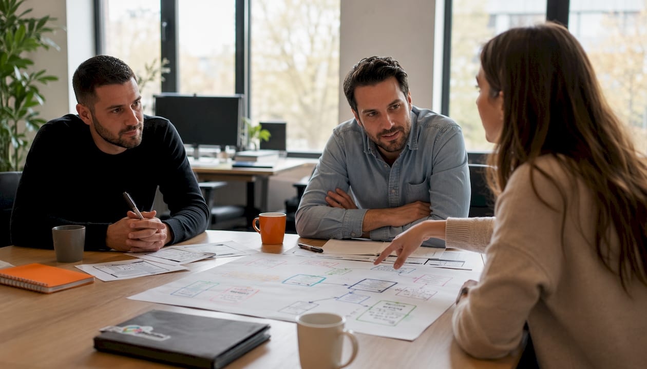 Het team overlegt op kantoor over de indeling van het menu voor de nieuwe website.