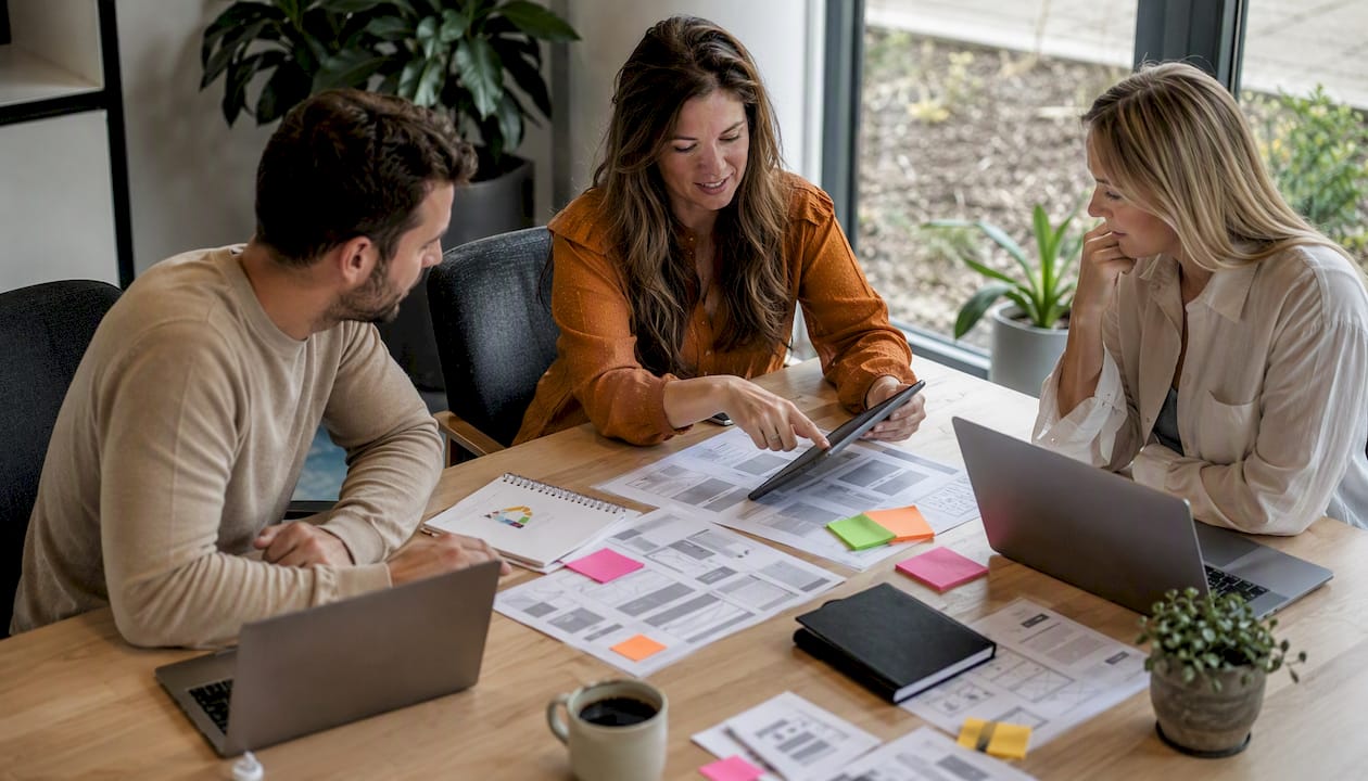 Het webdesignteam buigt zich samen over het nieuwe websiteconcept.