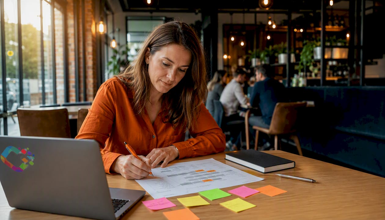 Met post-its worden de belangrijkste stappen van het project op de tijdlijn bijgewerkt.