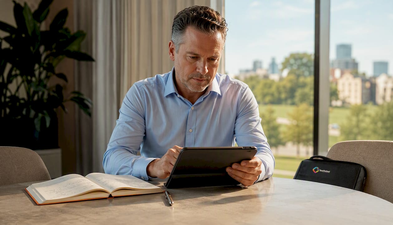 Ondernemer vergelijkt verschillende website-opties op zijn tablet