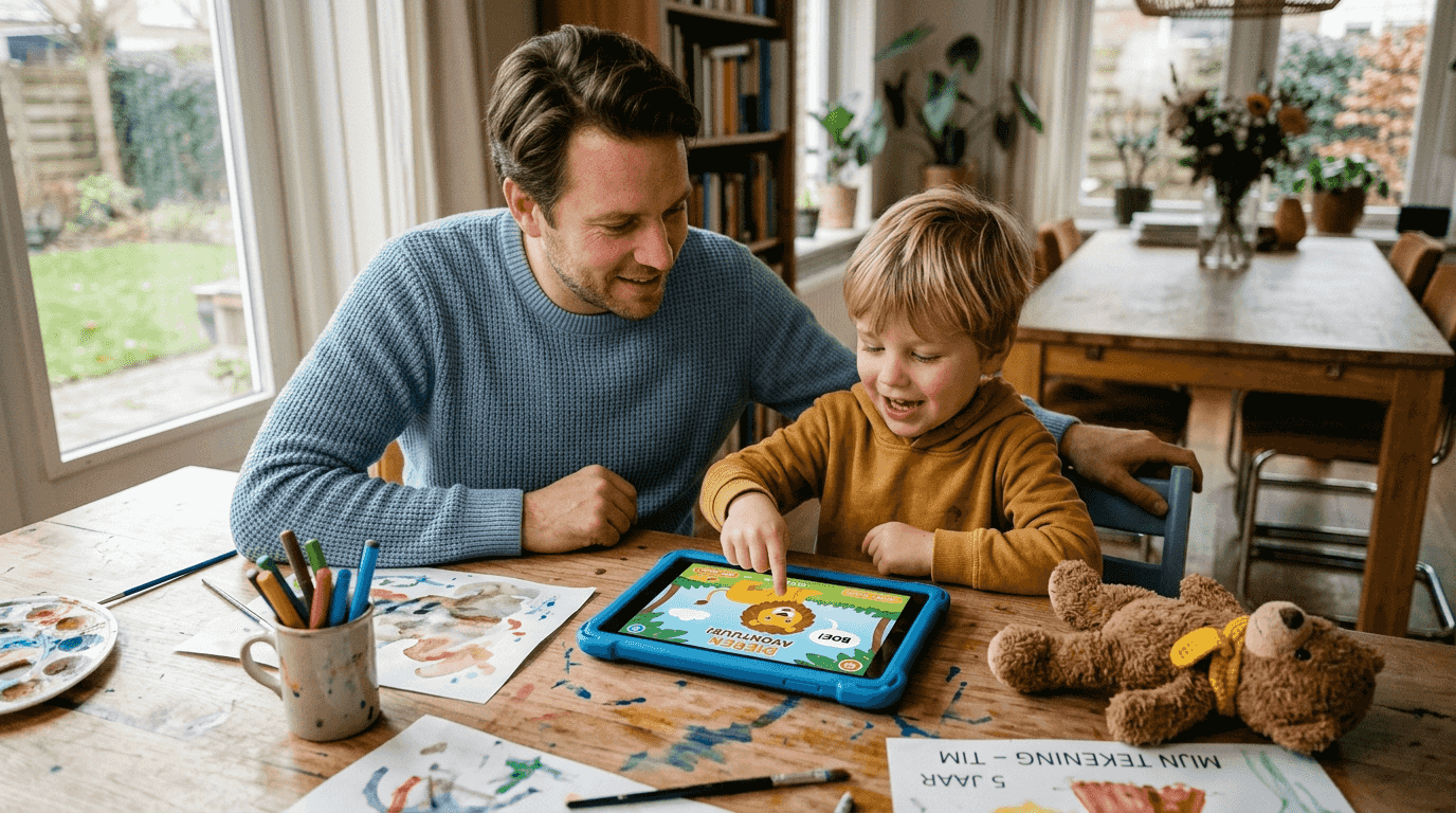 Samen met hun kind ontdekt een ouder een educatieve app.