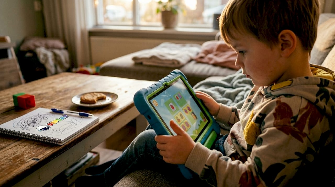 Een kind probeert een stevige kindertablet uit terwijl het op de bank zit.