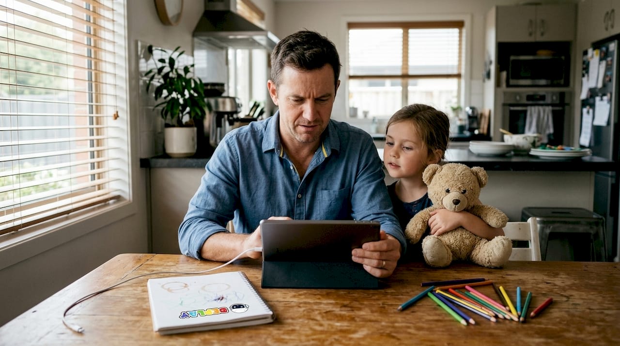 Vader helpt dochter bij het oplossen van tabletproblemen