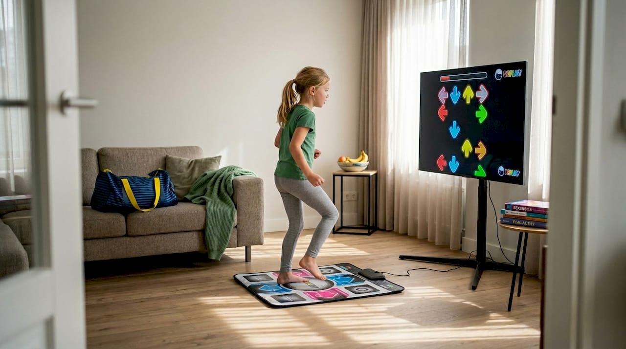In de woonkamer springt een meisje enthousiast rond op een elektronische dansmat.
