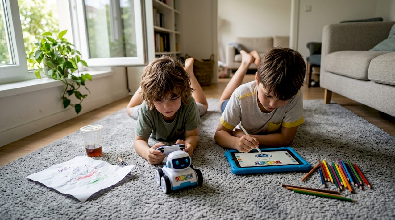 Twee kinderen zijn thuis bezig met een tablet en een robot.