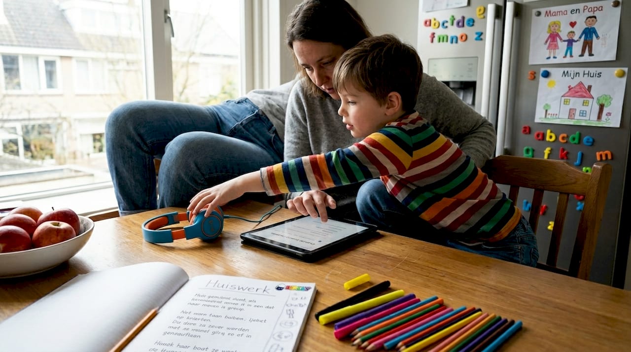 Ouder en kind stellen samen de tablet in