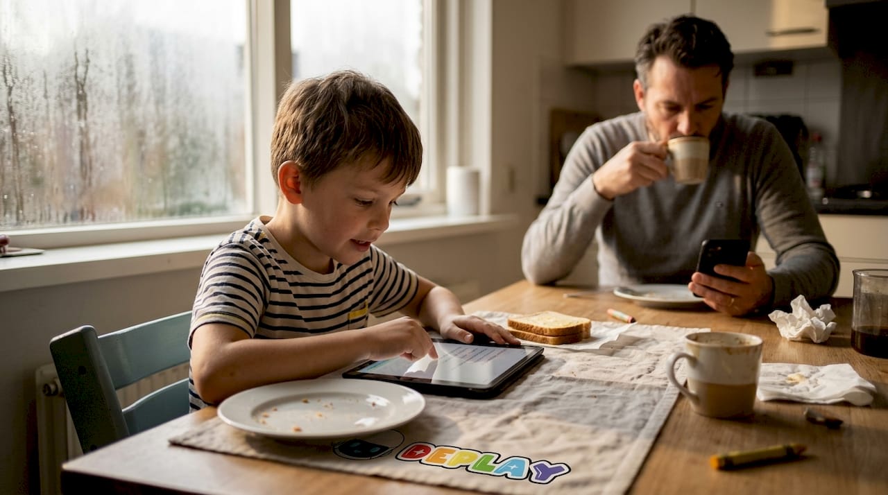 Tijdens het ontbijt zit een kind met een tablet aan tafel.