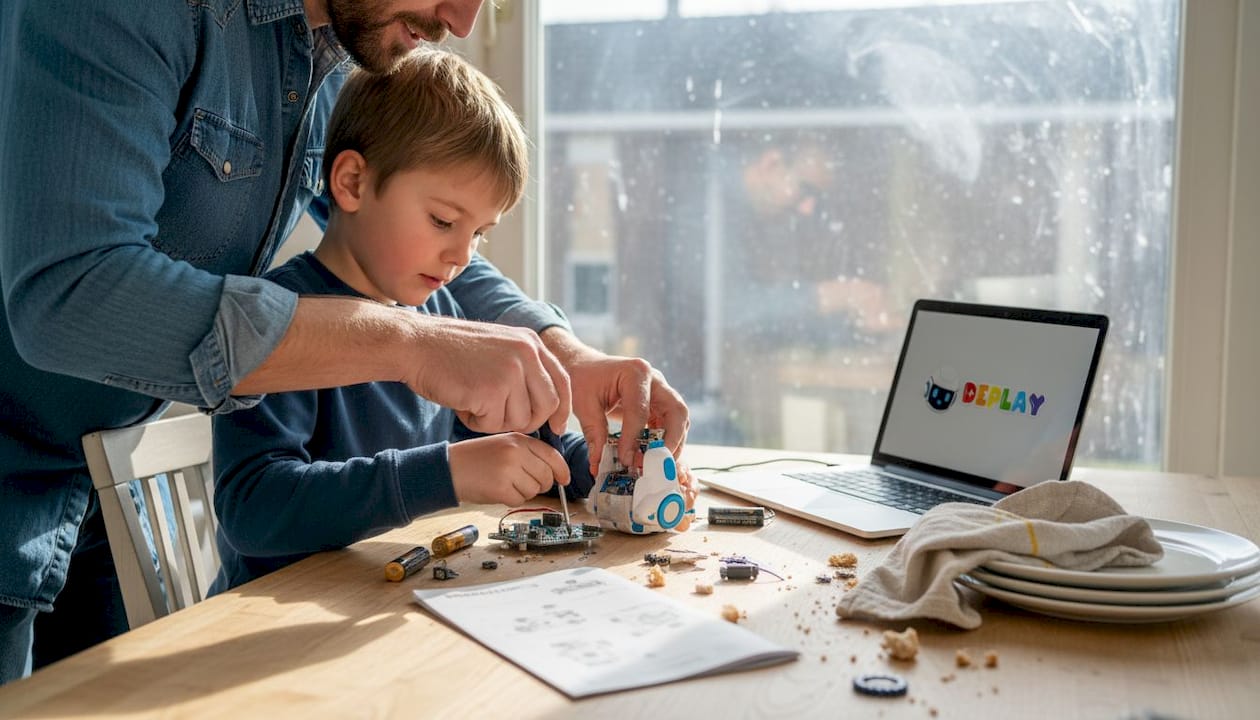 Samen knutselen vader en zoon aan technisch speelgoed