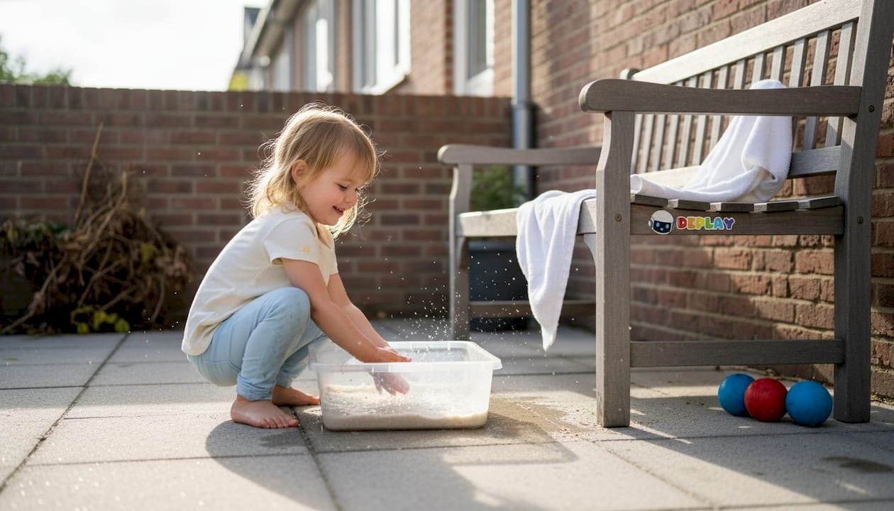 Een meisje is lekker buiten aan het spelen met water en zand.