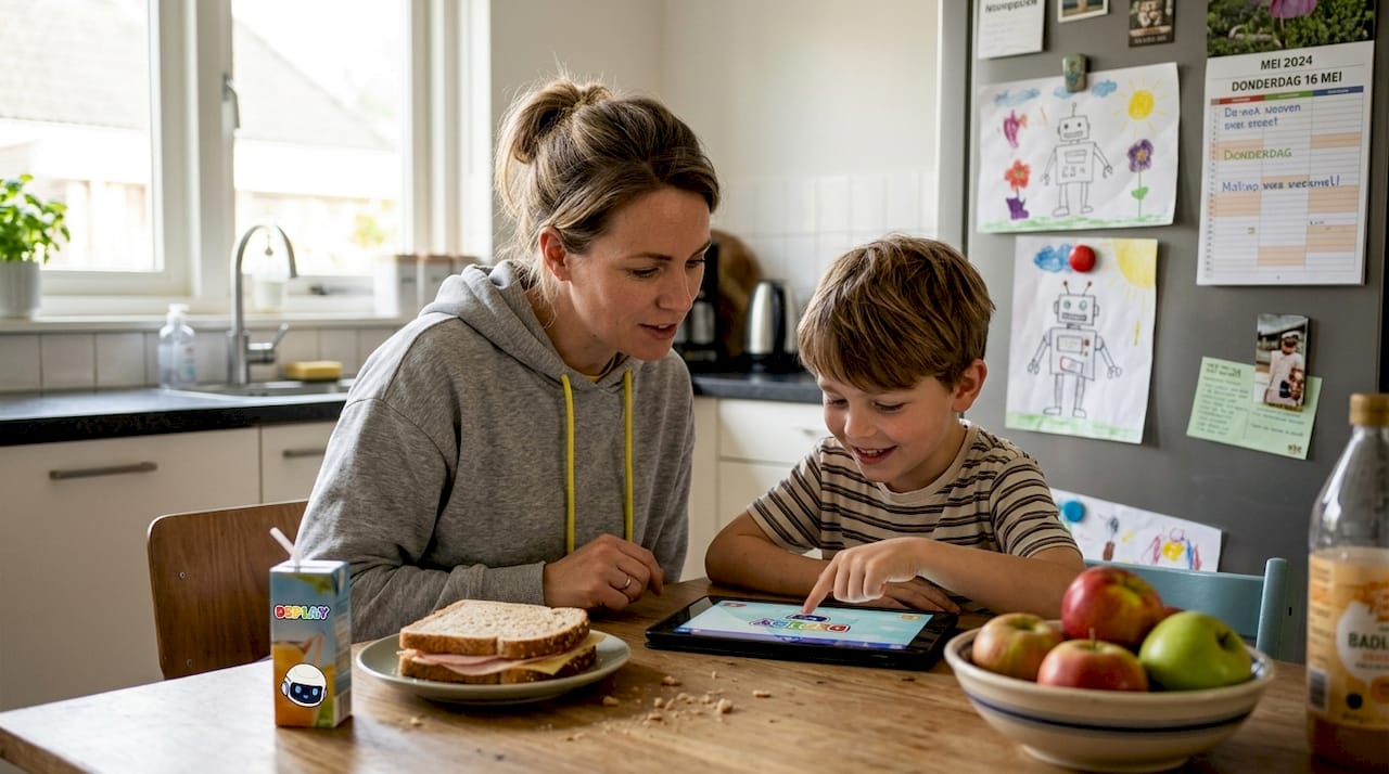 Moeder en zoon bekijken samen apps op de tablet aan de keukentafel.