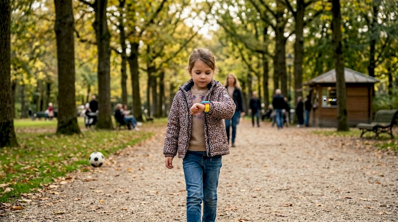 Een kind met een gps-horloge trekt er zelfstandig op uit.