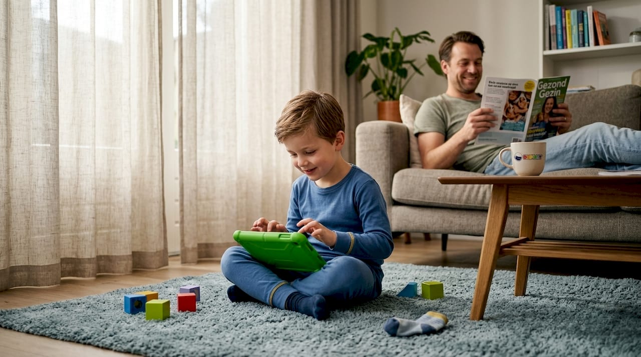 Een jonge jongen zit in de woonkamer te spelen op een kindvriendelijke tablet.