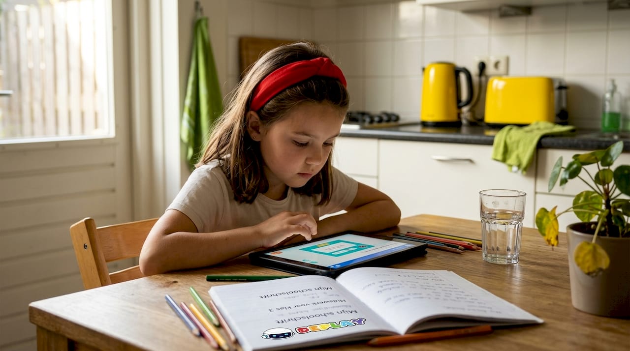 Een meisje zit aan de keukentafel verdiept in haar tablet.