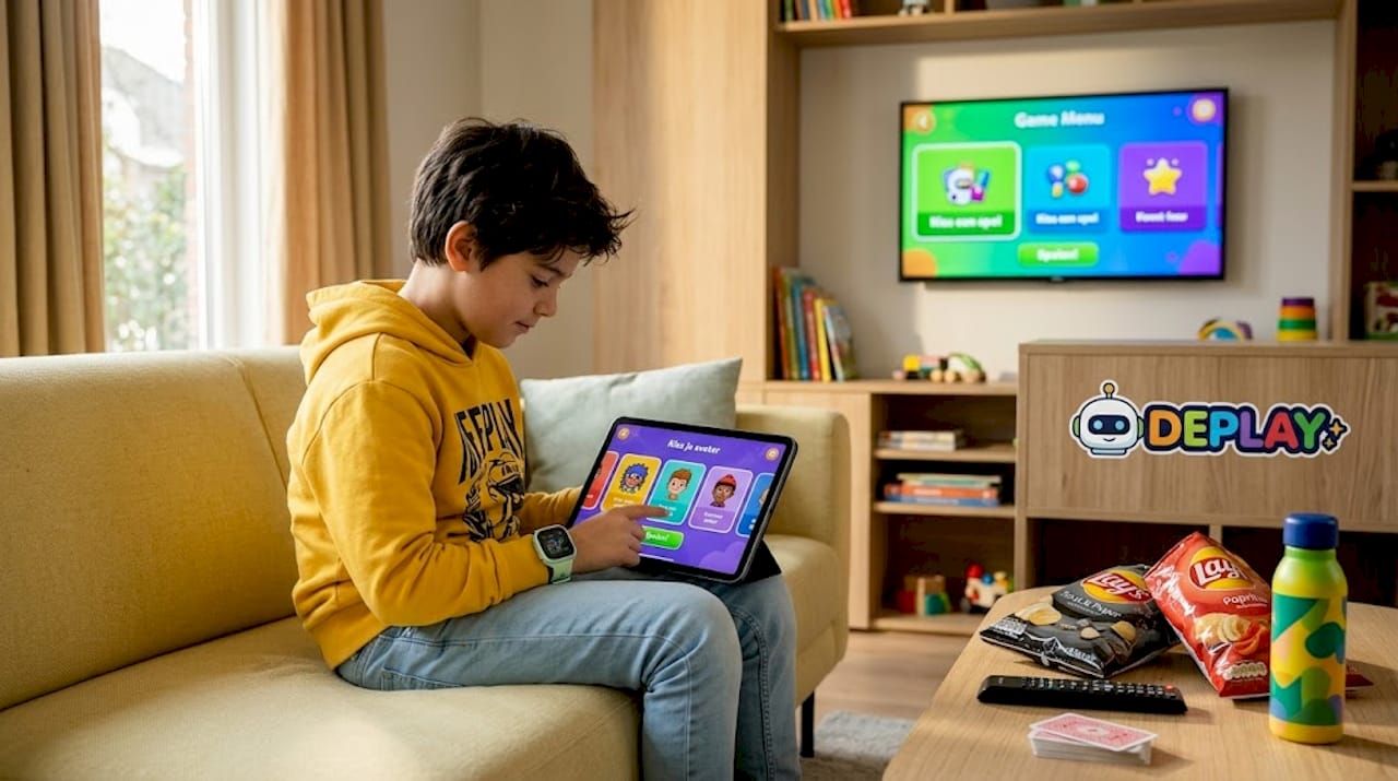 Een jongen zit in de woonkamer met een smartwatch om zijn pols en een tablet in zijn handen.