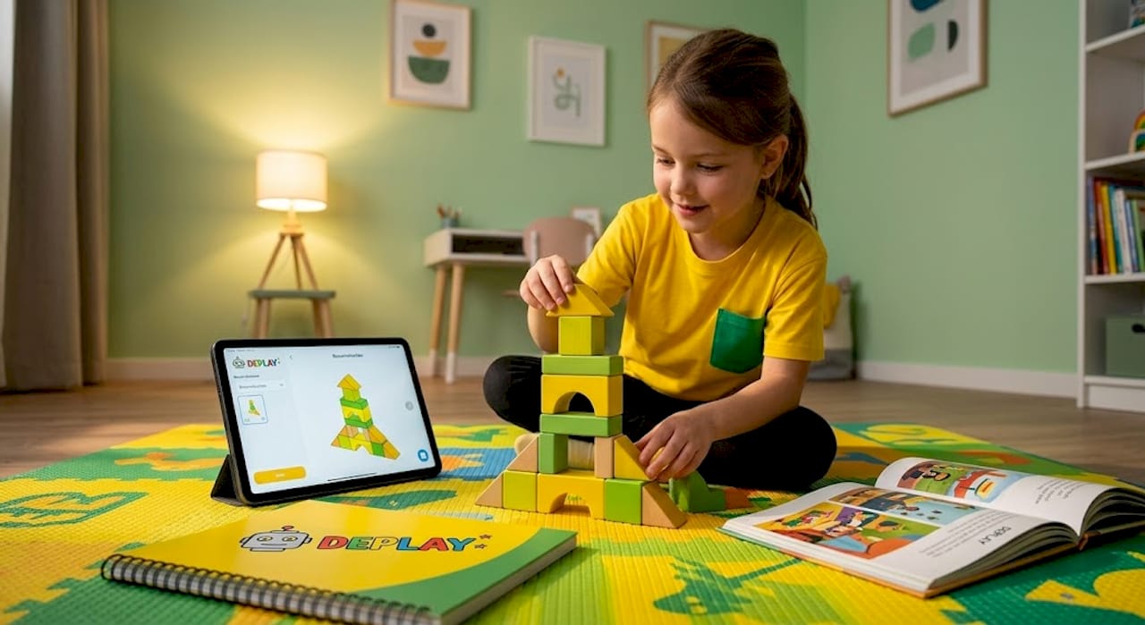 Een meisje speelt met bouwblokken terwijl ze ook haar tablet gebruikt.