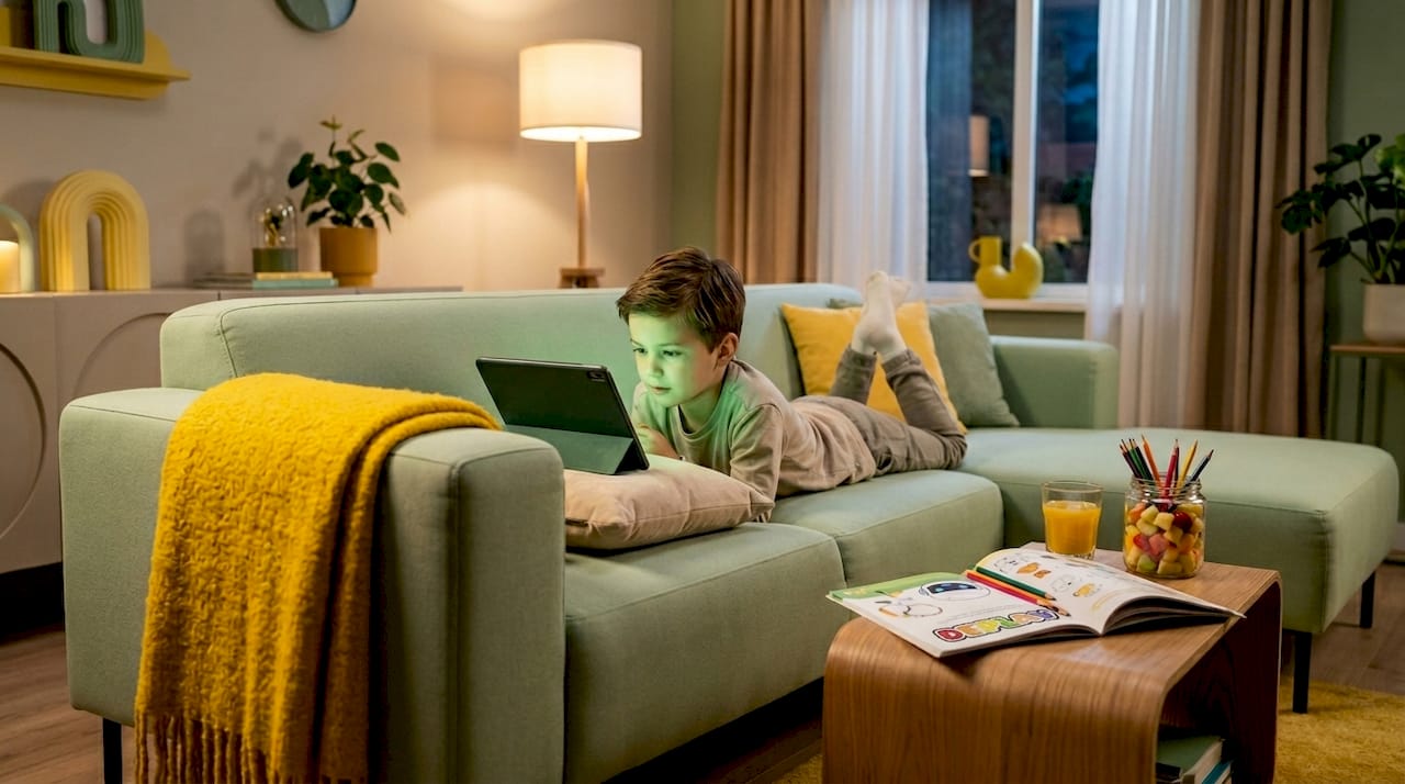 ’s Avonds zit een jongen relaxed op de bank met zijn tablet.